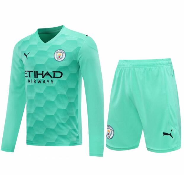 Manchester City Green Long Sleeve Goalkeeper Soccer Jersey Kits (Shirt+Shorts) 2020/21